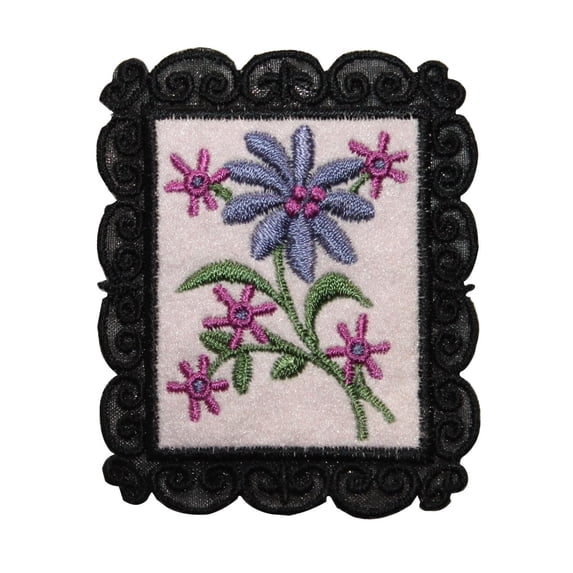 ID 6987 Purple Flowers Picture Patch Frame Garden Embroidered Iron On Applique