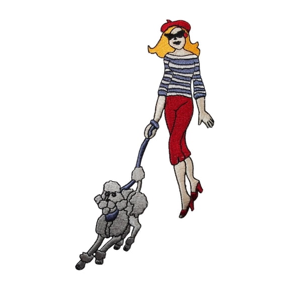 ID 7474 French Woman Walking Poodle Iron On Embroidered Patch Applique