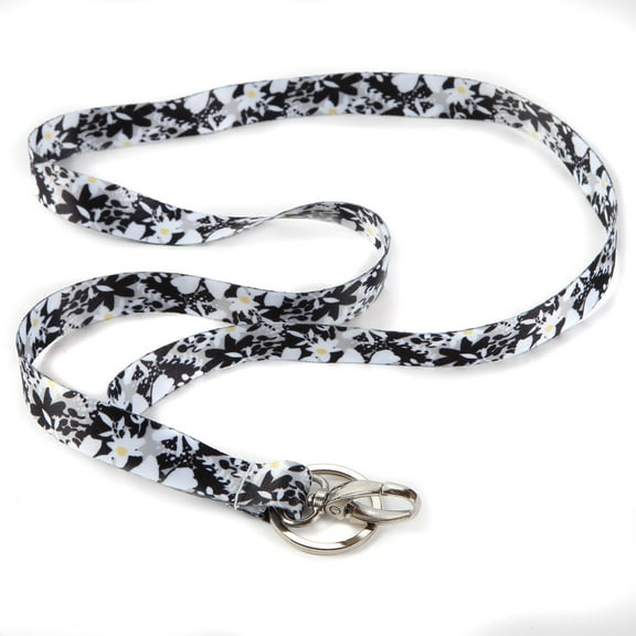 ID Avenue Midnight Garden Black & White Floral Ribbon Lanyard with Keyring and Clasp, Length 5inch