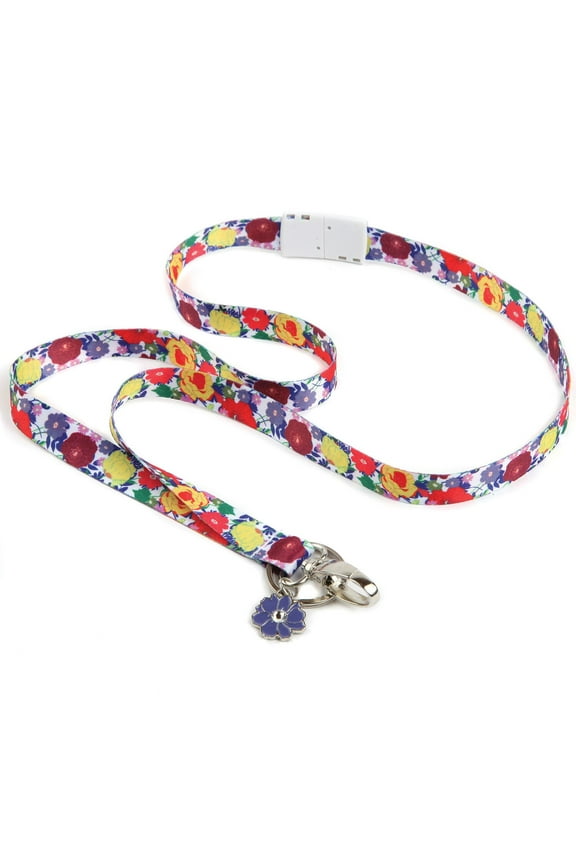 Multi-Colored Bouquet Floral Polyester Ribbon Lanyard with Key Ring and Charm
