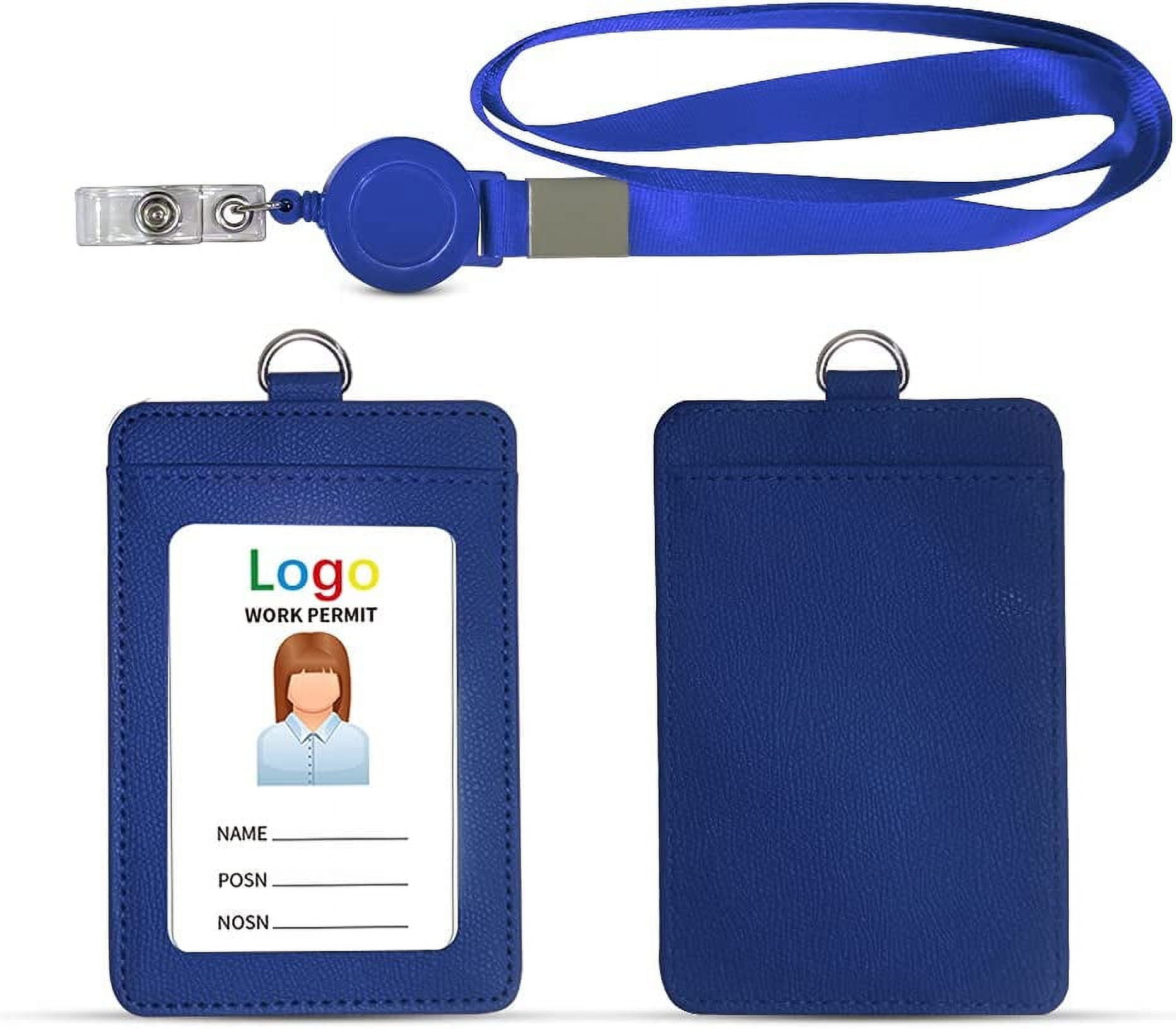 2 Pack Badge Holders, Vertical PU Leather ID Badge Card Holder with 1 Clear ID Window, with Detachable Neck Lanyard Strap and Retractable Badge Reel