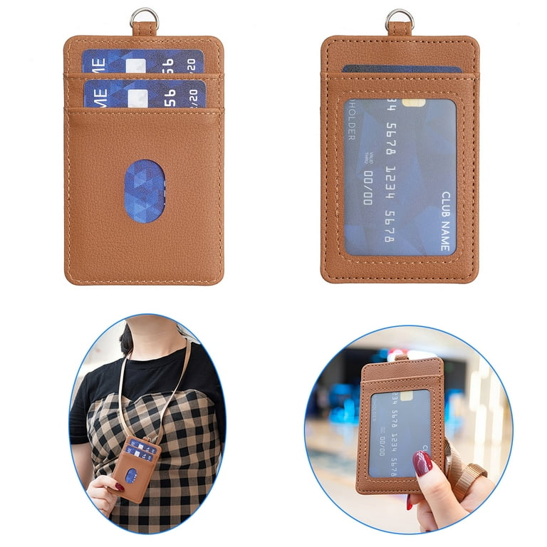 ID Badge Holder with Lanyard, PU Leather ID Card Holder Wallet Lanyard for  Women Men, with 1 Clear ID Window, 2 Card Slots and 1 Detachable Neck Strap  Lanyard, Brown 