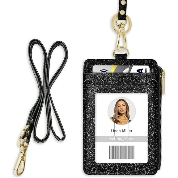 Azrra ID Badge Holder with Lanyard, Vertical Bling Shiny Black ID Badge Card Holder and a Detachable Neck Lanyard
