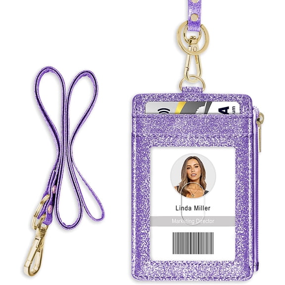 Azrra ID Badge Holder with Lanyard, Vertical Bling Shiny Purple ID Badge Card Holder and a Detachable Neck Lanyard