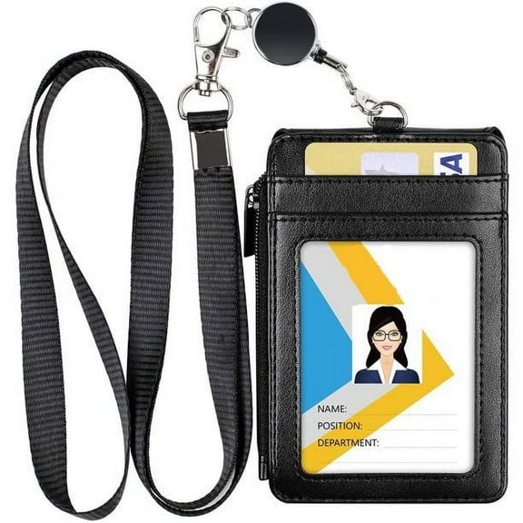 ID Badge Holder with Retractable Lanyard, 4 Card Slots, Premium PU Leather ID Card Holder with Zipper Pocket, Easy Swipe ID Holder for Work ID, School ID, Metro Card and Access Card