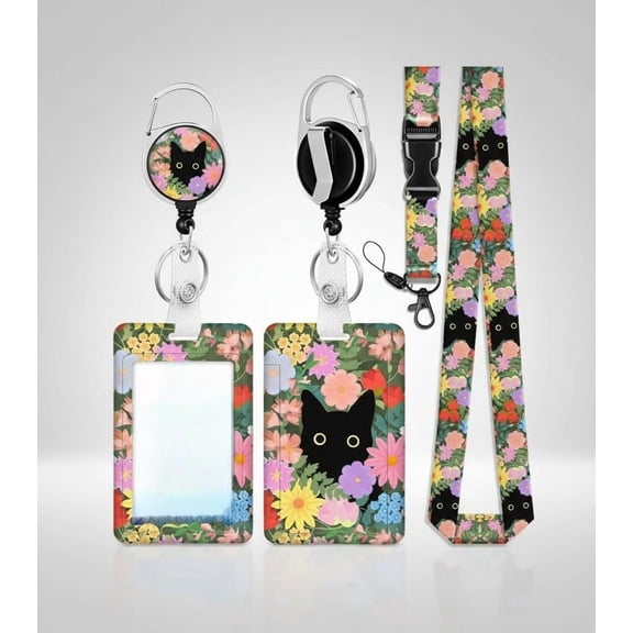ID Badge Holder with Retractable Reel Clip, Cute Black Cat Flowers Floral Card Name Tag Lanyard Vertical ID Protector Bage for Nurse Nursing Doctor Teacher Student