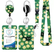ID Badge Holder with Breakaway Lanyard and Retractable Reel Clip, Green Daisy