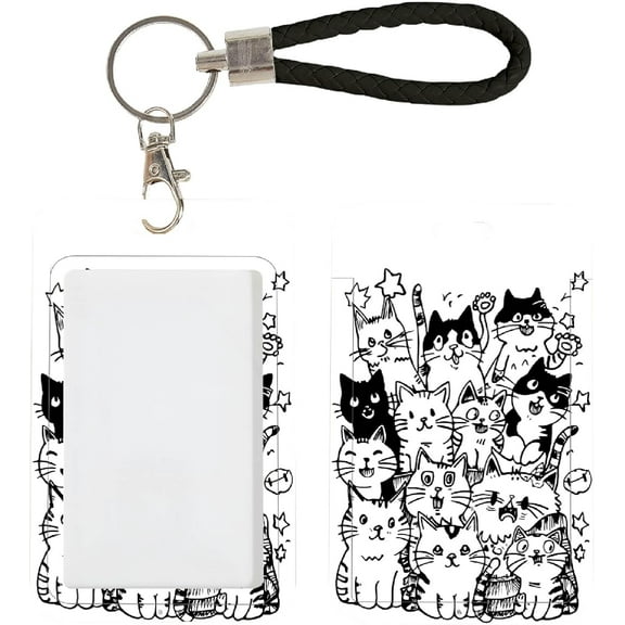 ID Card Badge Holder Black Cats with Detachable PU Leather Lanyard Keychain Rectangle Clear ID Window Name Tag Vertical Protector Bage Clips