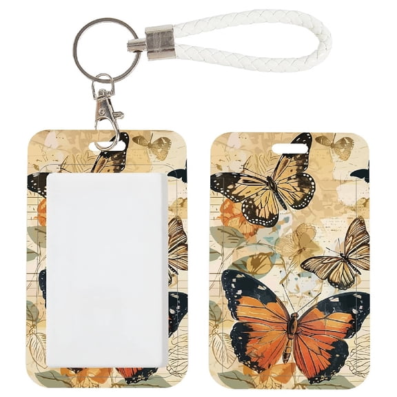 ID Card Badge Holder Butterflies Flower with Detachable PU Leather Lanyard Keychain Rectangle Clear ID Window Name Tag Vintage Protector Bage Clips