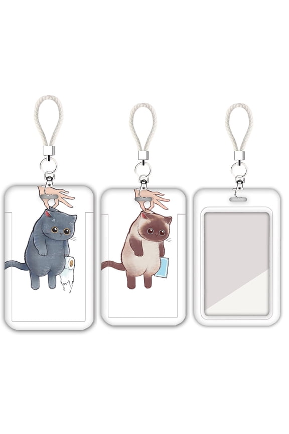 ID Card Badge Holder Key Chain, Cute Cat Design, Plastic Slide Open with ID Window, Metal Keyring, 2 Pack, 4.33 x 2.67 inch