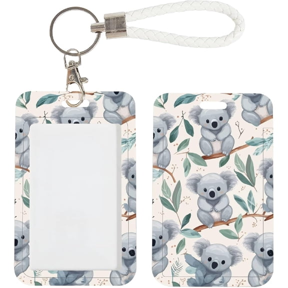ID Card Badge Holder Koala Animal with Detachable PU Leather Lanyard Keychain Rectangle Clear ID Window Name Tag Vertical Protector Bage Clips for Women Nurse Doctor Office Work Gifts diy
