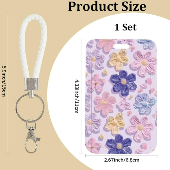 ID Card Badge Holder Purple Cherry Blossom Flower with Detachable PU Leather Lanyard Keychain Rectangle Clear Window Name Tag Vertical Protector Bage Clips for Women Nurse Doctor Office Work