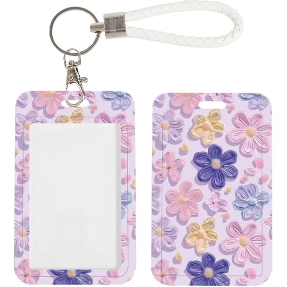 ID Card Badge Holder Purple Cherry Blossom Flower with Detachable PU Leather Lanyard Keychain Rectangle Clear Window Name Tag Vertical Protector Bage Clips for Women Nurse Doctor Office Work Plastic