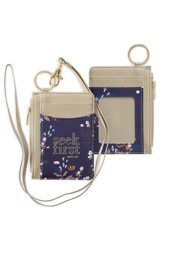 ID Card Holder Seek First Matthew 6:33 Bible Verse  Taupe Floral Faux Leather Zip ID Case, Scripture Keychain Slim Front Pocket Wallet for Women w/ Detachable Lanyard Neck Strap