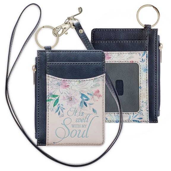 ID Card Holder It is Well With My Soul Gray/Pink Floral Faux Leather Zip ID Case, Keychain Slim Front Pocket Wallet for Women w/Detachable Lanyard Neck Strap