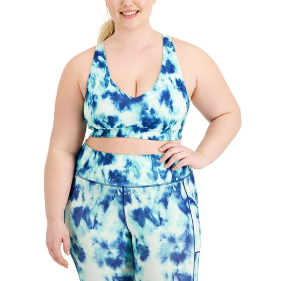 ID Ideology Plus Size Tie Dyed Strappy Low Impact Sports Bra Tie Dye Tartan Blue 2X