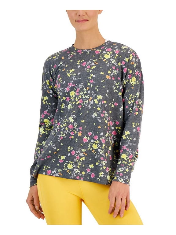 ID Ideology Womens Active Pansy Print Side Slit Relaxed Crewneck Sweatshirt Pansy Poppyseed XL