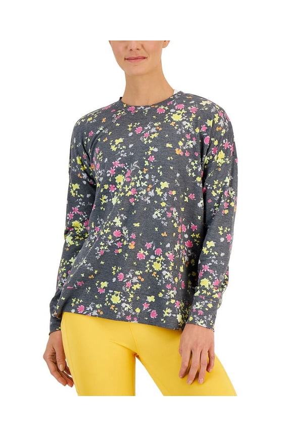 ID Ideology Women's Active Pansy Print Side Slit Relaxed Crewneck Sweatshirt Gray Size X-Large