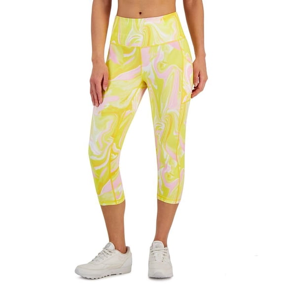 ID Ideology Womens Compression Side Pocket Cropped Leggings Whirl Lemon XS
