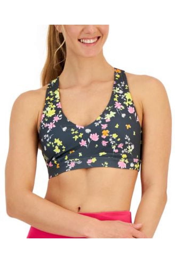ID Ideology Womens Active Pansy Print Strappy Back Low Impact Sports Bra Pansy Poppyseed M