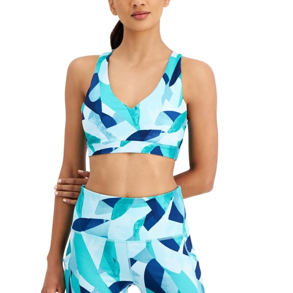 Ideology ID Womens Printed Strappy Back Low Impact Sports Bra Stamp Aquatone XS Blue