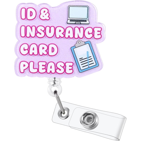 ID & Insurance Card Please Badge Reel for Hospital Admins - Glitter Retractable ID Holder, Funny Registrar Accessory with Folder & Pen Design | Medical Secretary Gift, Admin Stocking Stuffer