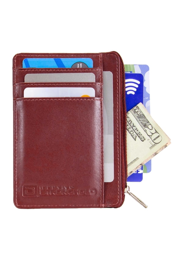 RFID Blocking Front Pocket Mini Wallet - Slim Leather Wallet with Zipper - Red