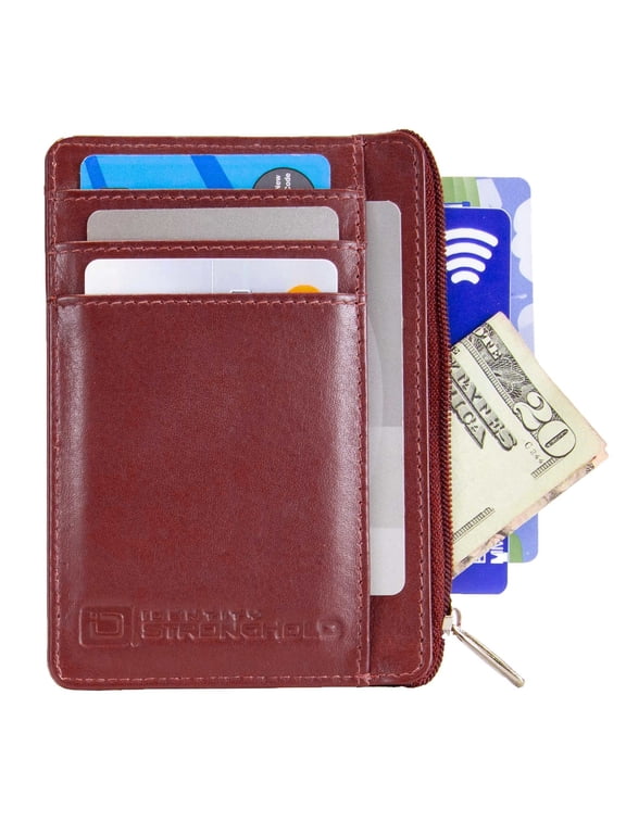 RFID Blocking Front Pocket Mini Wallet - Slim Leather Wallet with Zipper - Red