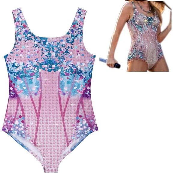 IDA IRENE Girls Swimsuit Party Singer Costume Concert Outfit Kids All-Over Print Fans Bathing Suit, 5-6 Years