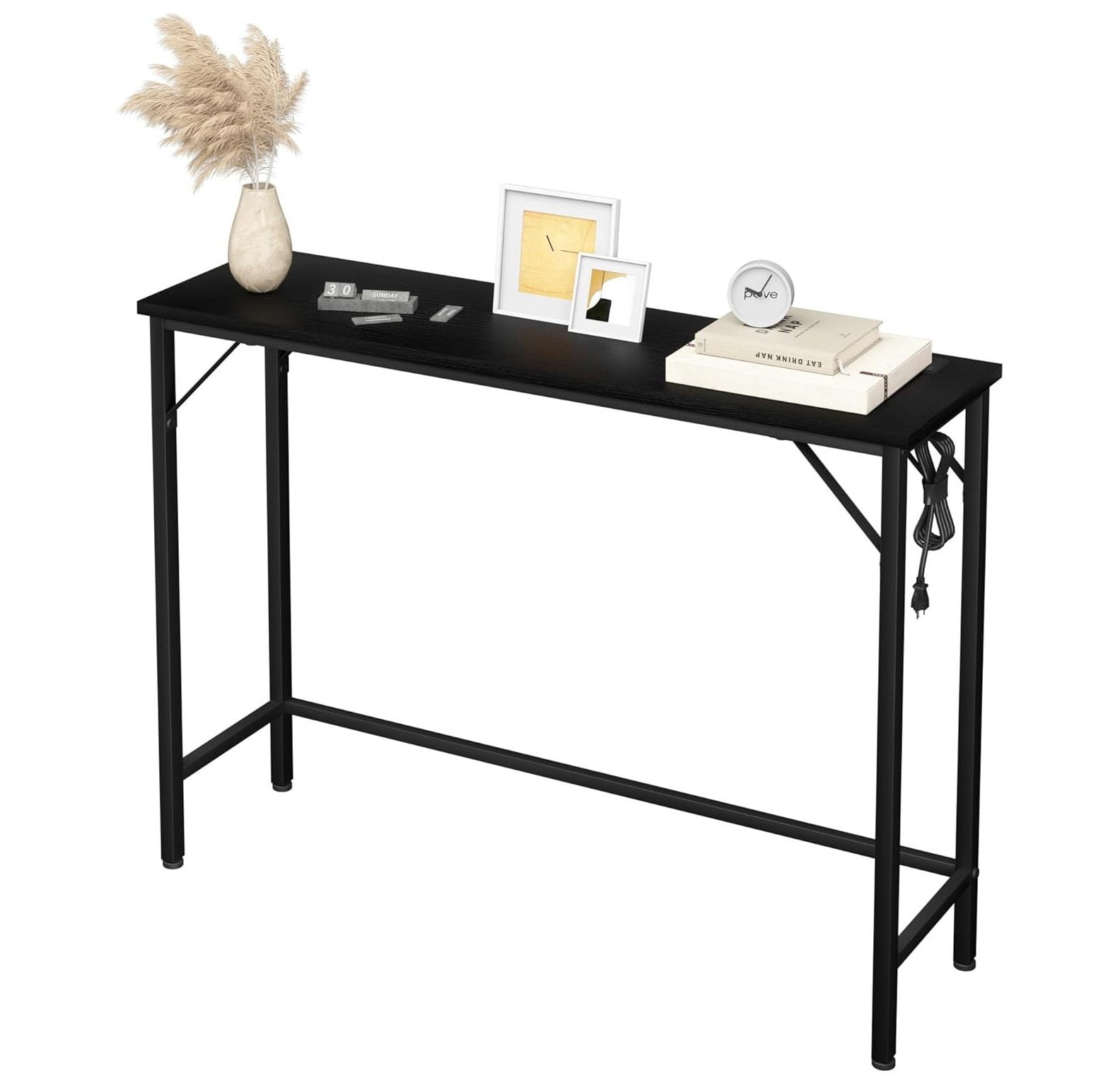 IDALHOUSE Narrow Console Table, Black Sofa Table with Outlets, Behind