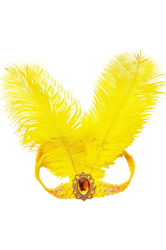 1920s Flapper Headband,Sequins Feather Headpiece,Mardi Gras Carnival Party Headwear Accessory,Women Yellow 2 One Size