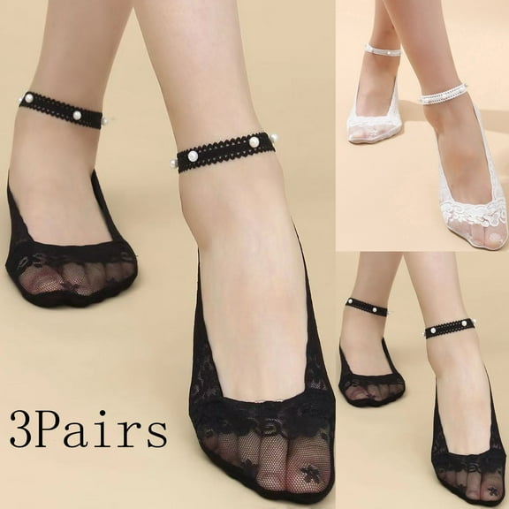 IDALL Ankle Socks No Show Socks Womens 3 Pairs Women's Pearl Lace Breathable Ballerina Non Slip Transparent Low Cotton Socks Lace Socks Black One Size