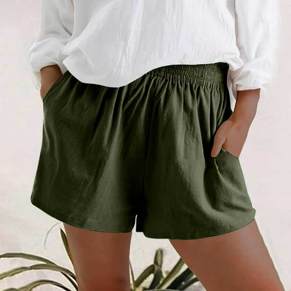 IDALL Athletic Shorts for Women Linen Shorts Womens Casual Solid Side Pockets Pants Shorts Elastic Waist Pockets Daily Shorts Summer Shorts Lounge Shorts Women Army Green L