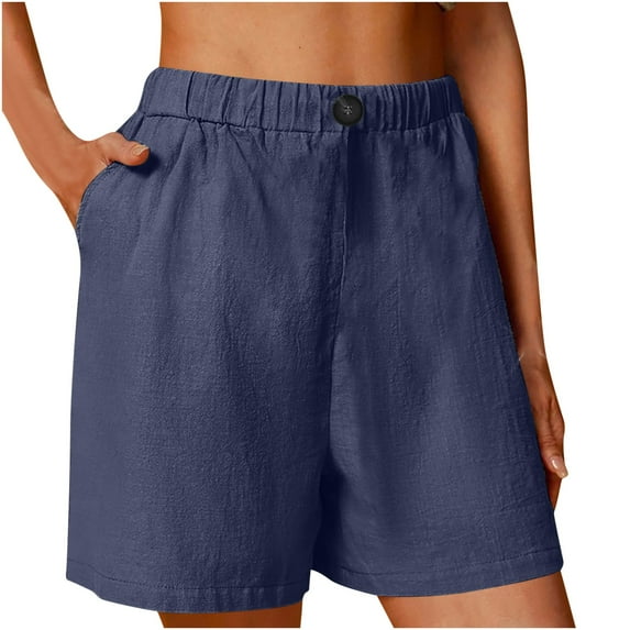 IDALL Athletic Shorts for Women Linen Shorts Womens Casual Solid Side Pockets Pants Shorts Elastic Waist Pockets Daily Shorts Summer Shorts Lounge Shorts Women Navy 2XL