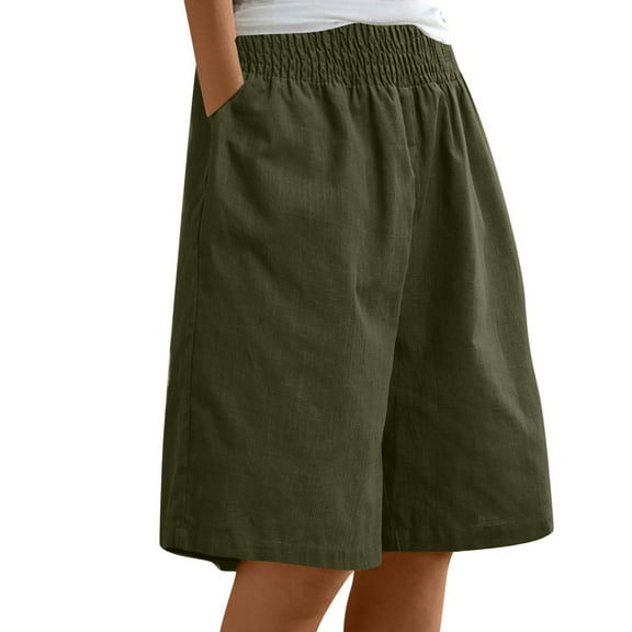 IDALL Athletic Shorts for Women Linen Shorts Womens Casual Solid Side Pockets Pants Shorts Elastic Waist Pockets Daily Shorts Summer Shorts Lounge Shorts Women Army Green L