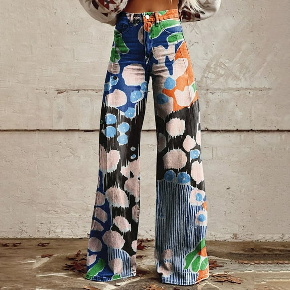 IDALL Baggy Jeans High Waisted Jeans Women's Vintage Flower Print Casual Wide Leg Pants Barrel Jeans Women Boyfriend Jeans Black 2 3XL