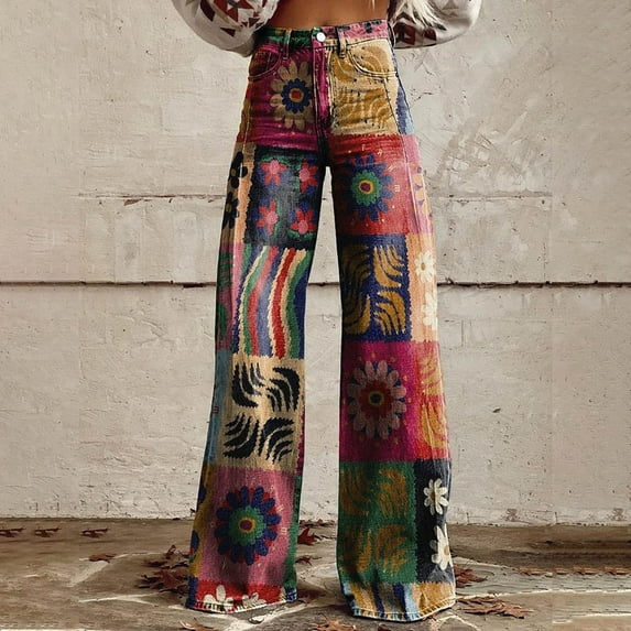 IDALL Baggy Jeans High Waisted Jeans Women's Vintage Flower Print Casual Wide Leg Pants Barrel Jeans Women Boyfriend Jeans Hot Pink XL