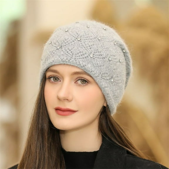 IDALL Beanie Skull Cap Women Elegant Trendy Warm Chunky Soft Stretch Cable Knit Winter Hat With Pearl Beaded Trim Hat Warm Cap Hats for Women Gray One Size