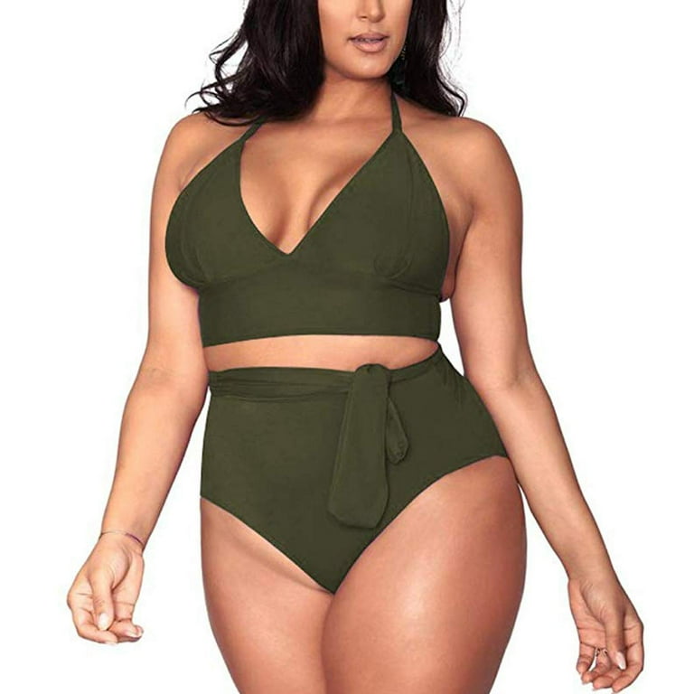 IDALL Bikini Sets Bathing Suit Women s Plus Size High Waisted Tummy Control Swimwear Swimsuit Full Coverage Plus Size Swimsuit Two Piece Swimsuit High Waisted Bikini Sets Green L Walmart