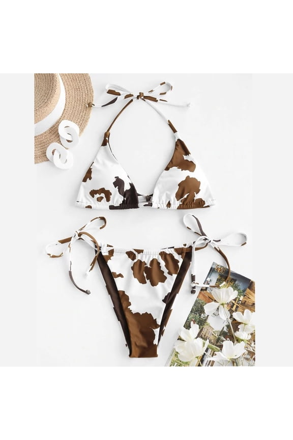 Bikini Sets Bestselling Bikini Women Two Piece Cow print split Sets Plus Size Beachwear Swimsuit Bikini Bathing Suit Swim Suits for Women 2025 Brown M