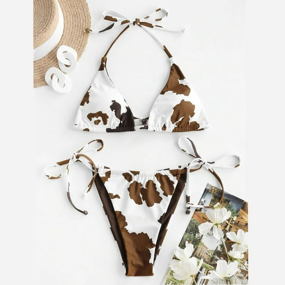 IDALL Bikini Sets Bestselling Bikini Women Two Piece Cow print split Sets Plus Size Beachwear Swimsuit Bikini Bathing Suit Swim Suits for Women 2025 Brown M