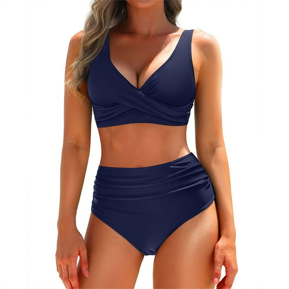 IDALL Bikini Sets for Women Bathing Suit Women's Two Piece High Waisted Bikini Set Swimsuit Full Coverage Bathing Suit Womens Swimsuits Swim Suits for Women 2025 Navy L