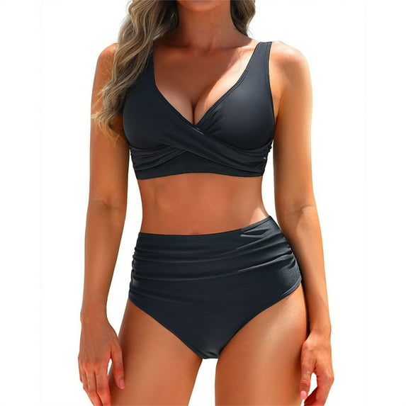 IDALL Bikini Sets for Women Bathing Suit Women's Two Piece High Waisted Bikini Set Swimsuit Full Coverage Bathing Suit Womens Swimsuits Swim Suits for Women 2025 Black S