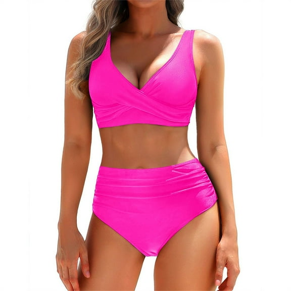 IDALL Bikini Sets for Women Bathing Suit Women's Two Piece High Waisted Bikini Set Swimsuit Full Coverage Bathing Suit Womens Swimsuits Swim Suits for Women 2025 Hot Pink L