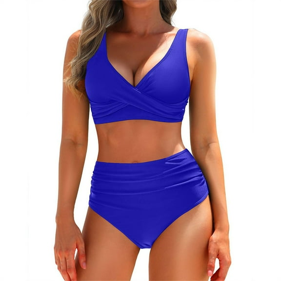 IDALL Bikini Sets for Women Bathing Suit Women's Two Piece High Waisted Bikini Set Swimsuit Full Coverage Bathing Suit Womens Swimsuits Swim Suits for Women 2025 Blue 2XL