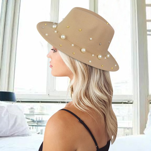 IDALL Bucket Hats Fedora Hats for Women Ladies Fashion Fedora Hat Panama Hat With Handmade Pearls Beach Hat Khaki One Size