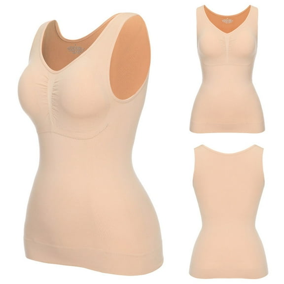 IDALL Camisole Tops for Women Workout Tops for Women Gym Clothes for Woman Tank Tops Compression Vest Body Tank Top with Chest Pads Shapewear Tummy Control Tank Tops with Built in Bras Beige XL