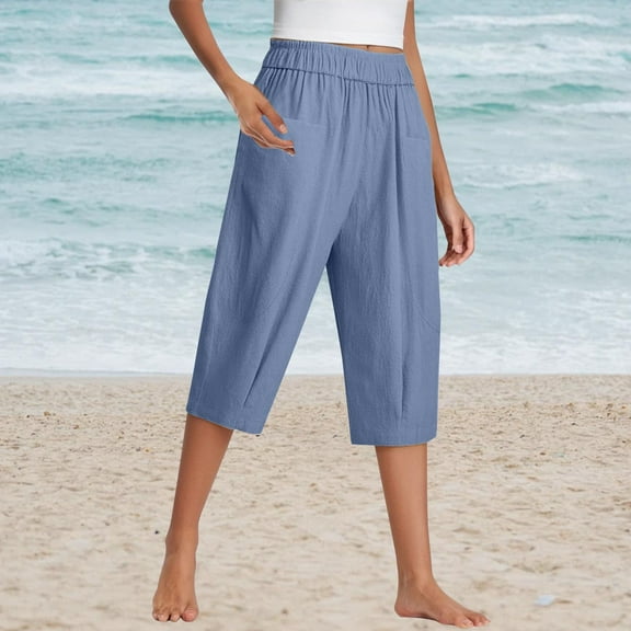 IDALL Capri Pants for Women Linen Pants Women Cotton And Linen Cropped Pants Loose Large Size Elastic Waist Small Feet Harem Pants Versatile Pants Lounge Pants Women Baggy Pants Blue M