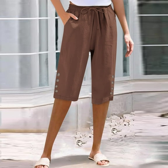 IDALL Capri Pants for Women Linen Pants Women Women Cotton And Linen Pocket Elastic Casual Pants Women Pants Five Quarter Pants Lounge Pants Women Summer Pants Coffee L