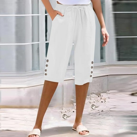 IDALL Capri Pants for Women Linen Pants Women Women Cotton And Linen Pocket Elastic Casual Pants Women Pants Five Quarter Pants Lounge Pants Women Summer Pants White 3XL